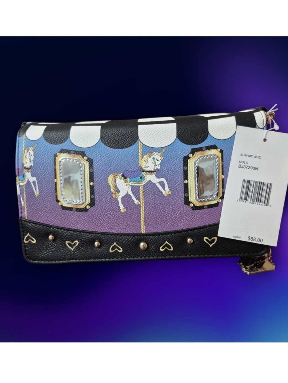 Betsey Johnson Spin Me Carousel Unicorns Wallet On Chain Crossbody Bag. 